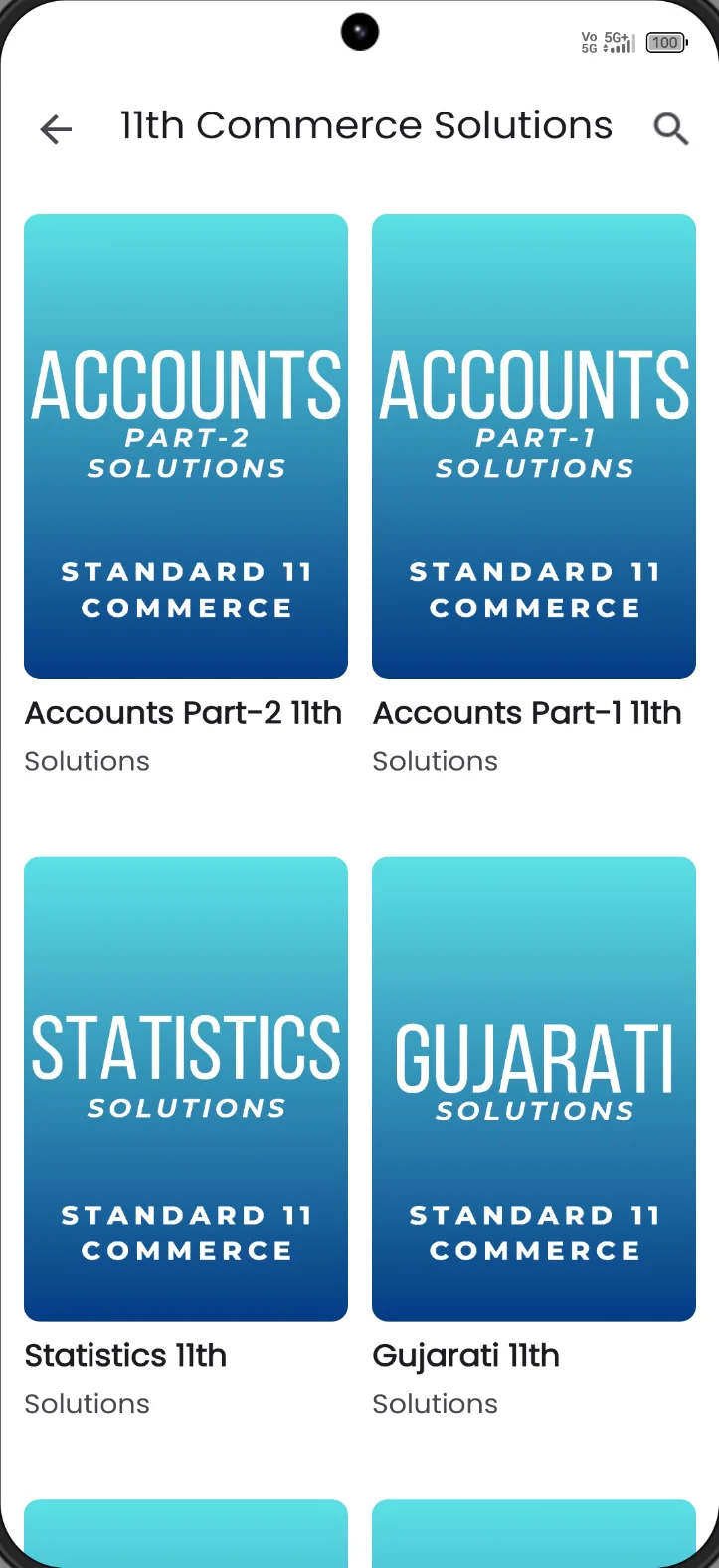 Solutions screen listing Accounts, Statistics and Gujarati solutions for Standard 11 Commerce
